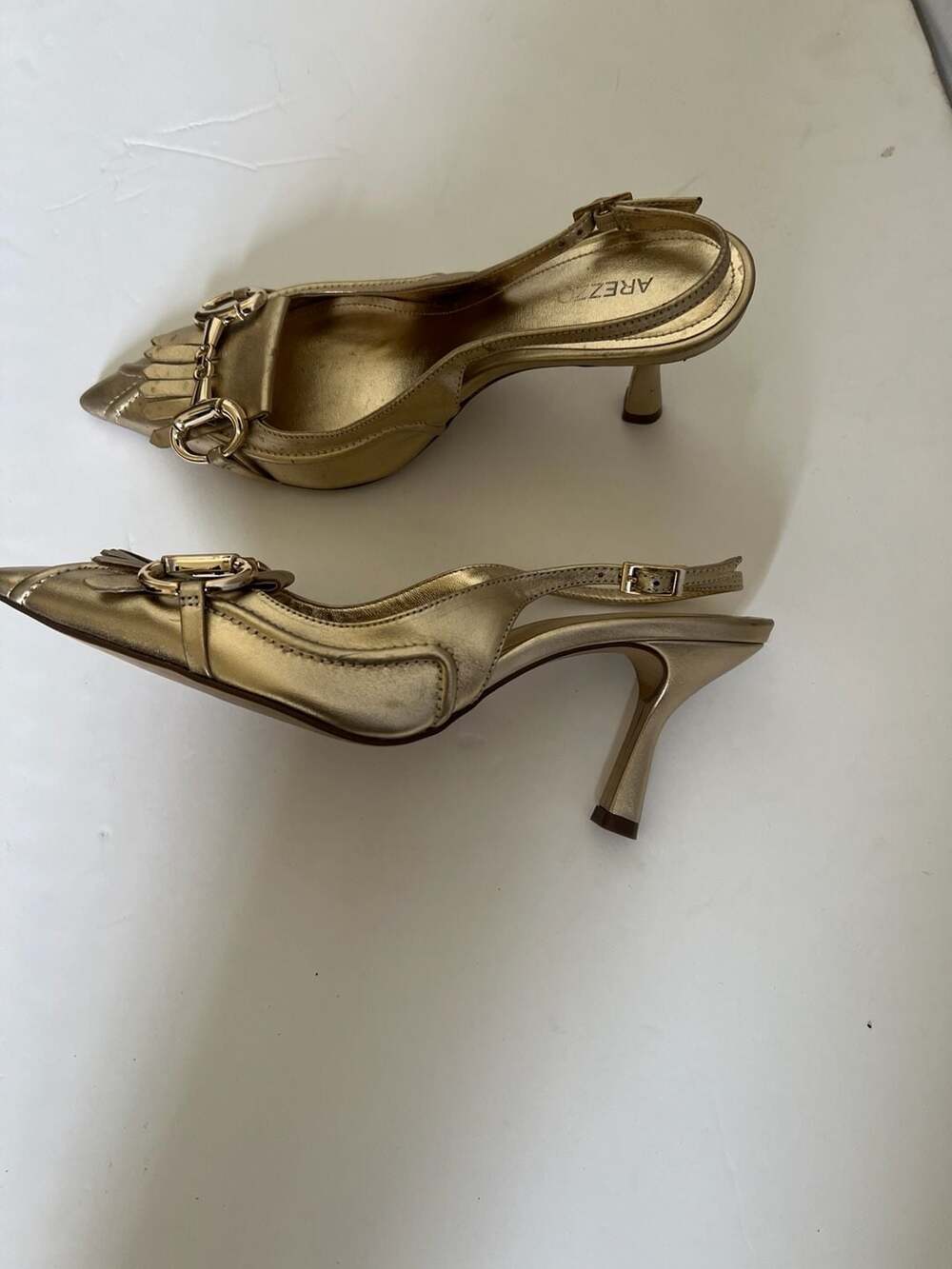 Arezzo Delilah Gold Metallic Leather Fringe Horsebit Slingback Pumps - Picture 6 of 6